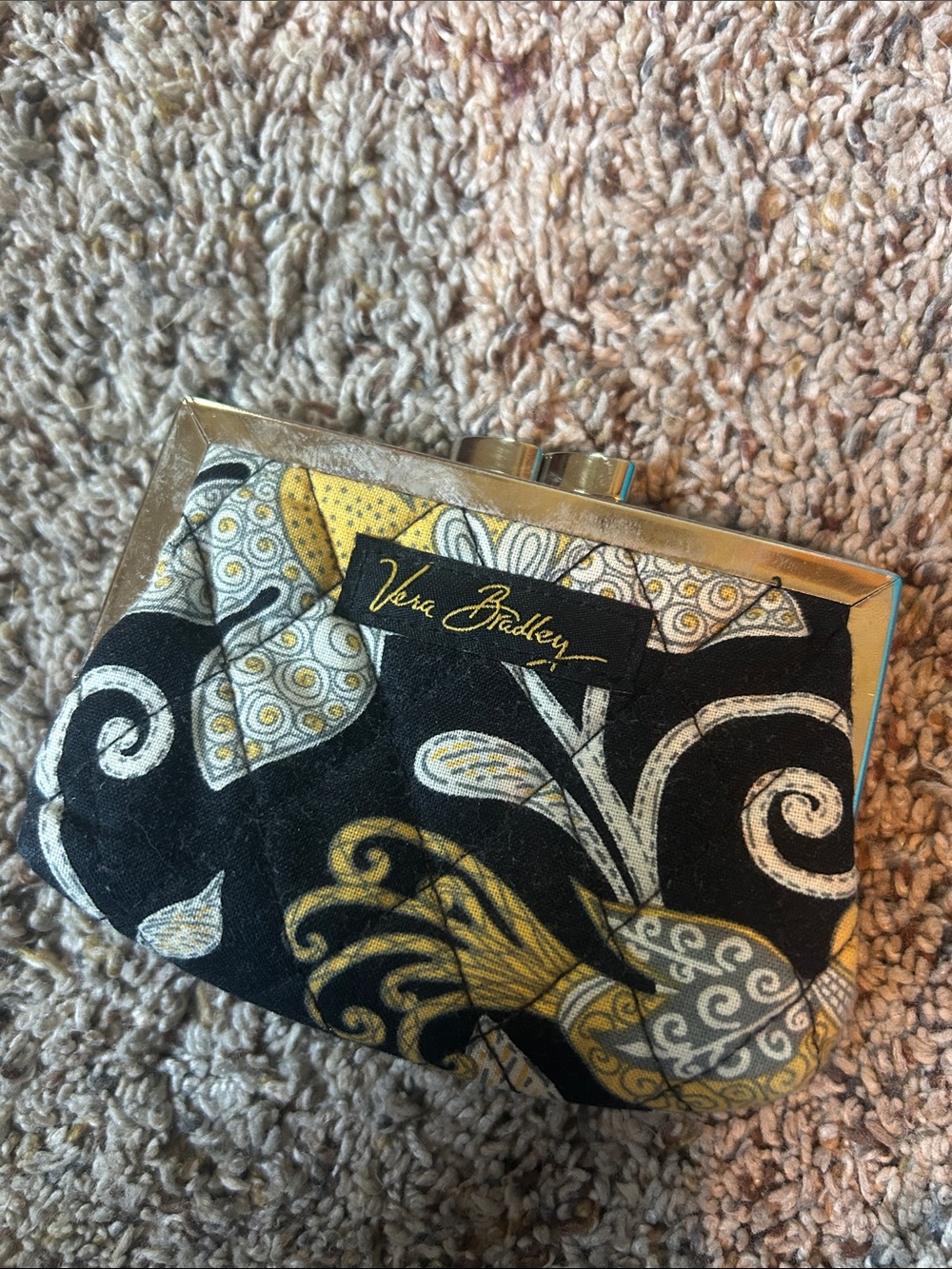 Vera Bradley Black Quilted Floral Frame Clutch with Cream and Gold Accents